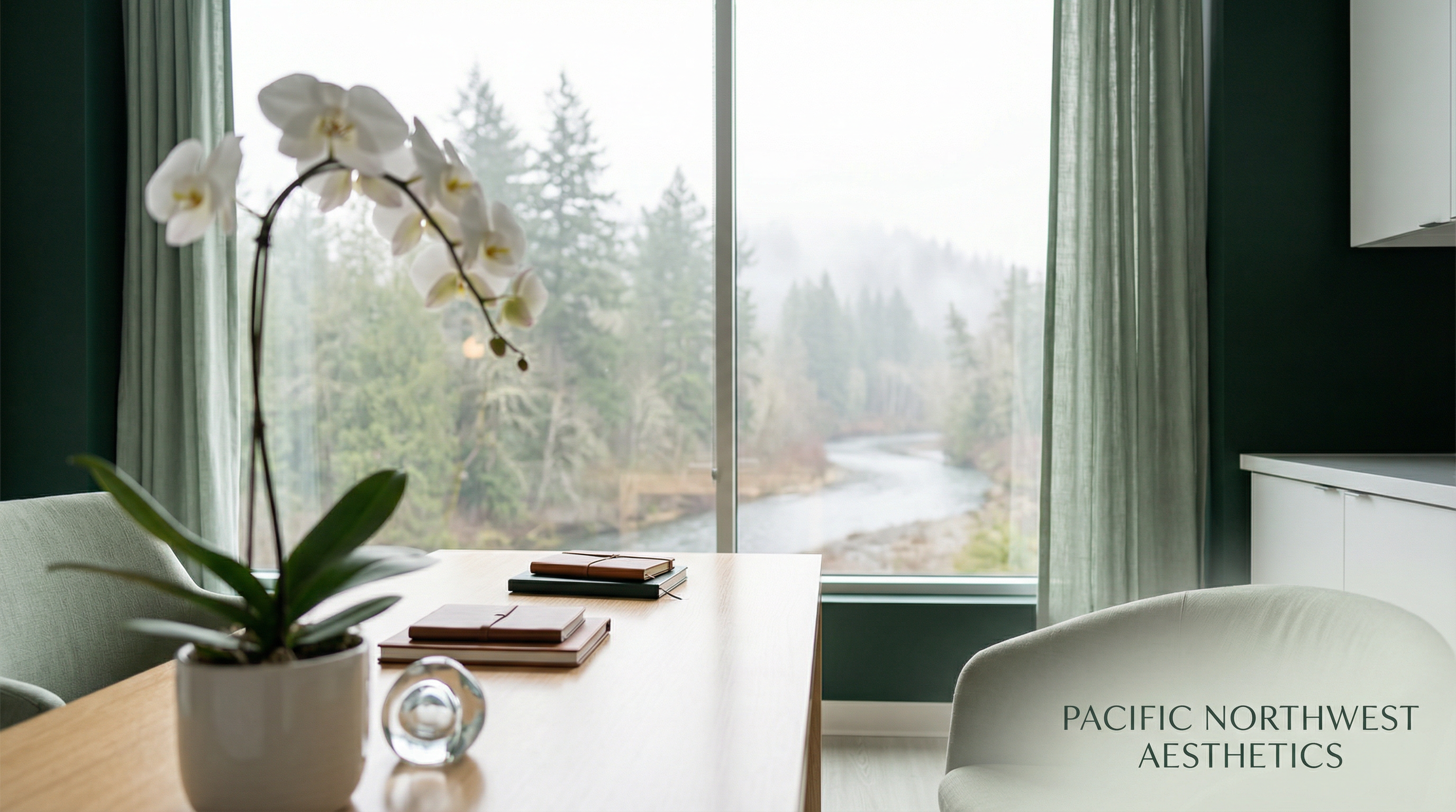 Serene view of Pacific Northwest nature from a modern medical office
